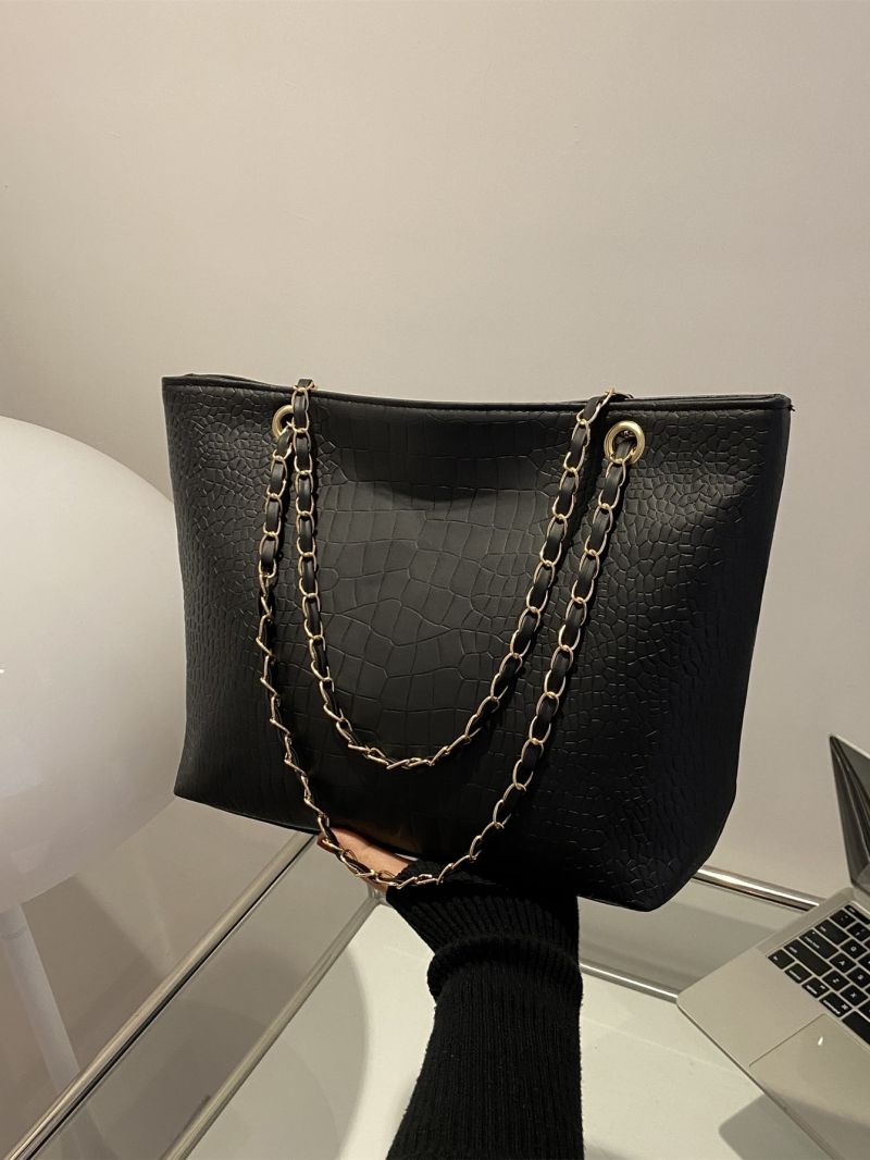 Geometric Embossed Grommet Eyelet Chain Shoulder Tote Bag