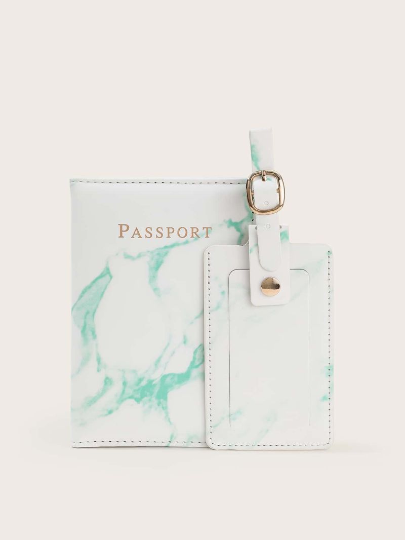 Marble Pattern Passport Case With Luggage Tag