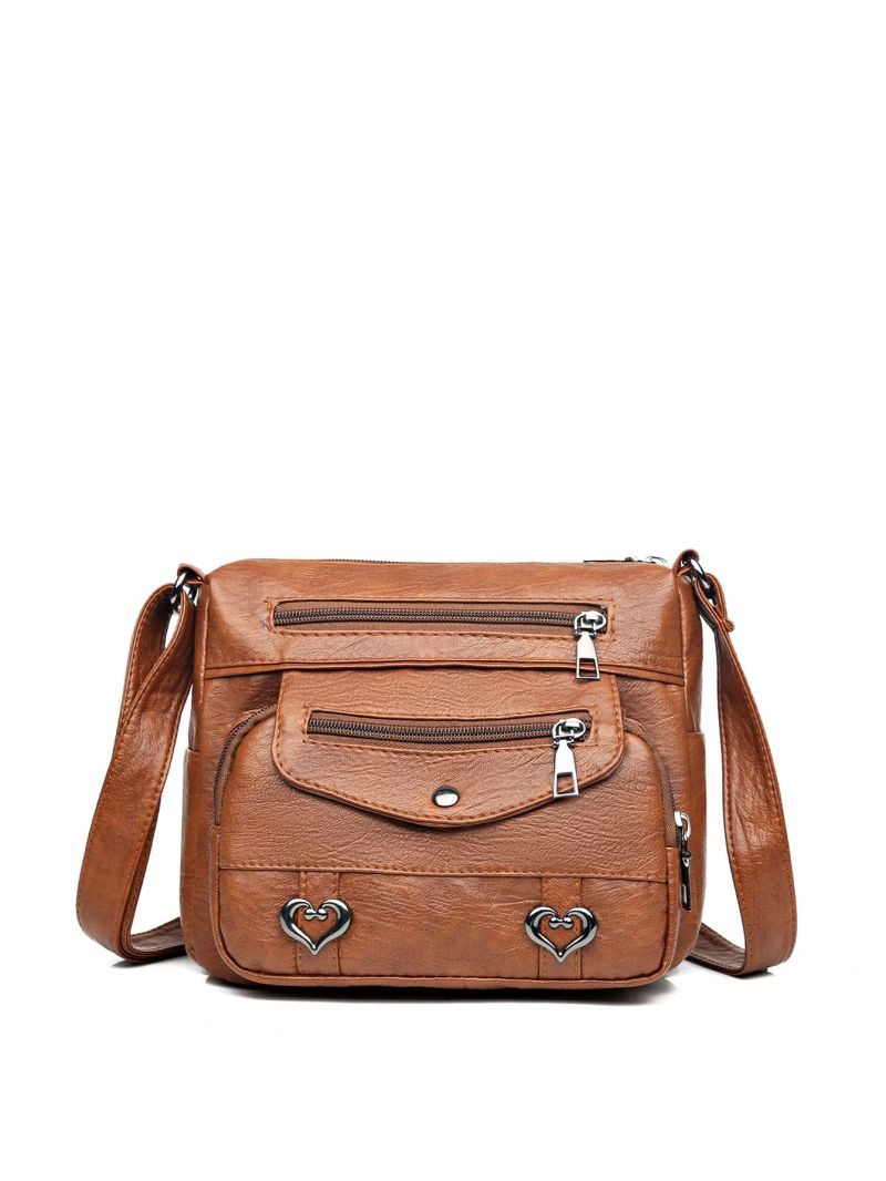 Heart Decor Crossbody Bag, Vintage Multi Pockets Shoulder Bag, Women's Artificial Leather Purse Heart Decor Zipper Square Bag