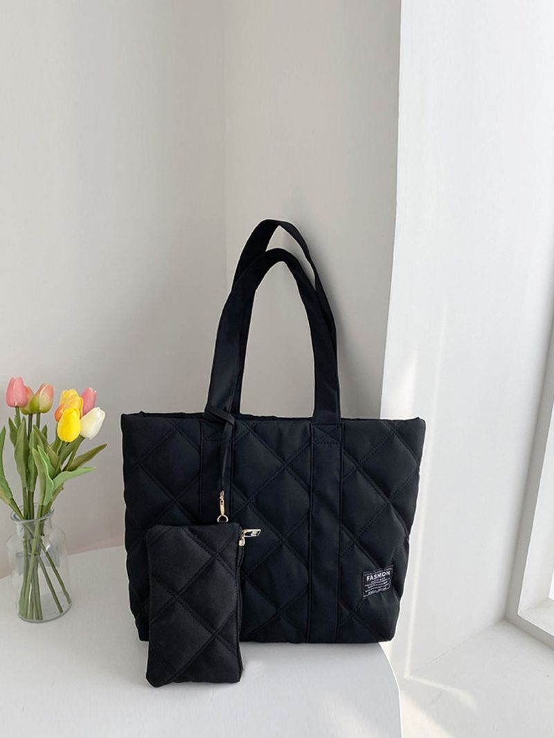 Quilted Slogan Patch Decor Shoulder Tote Bag With Coin Purse