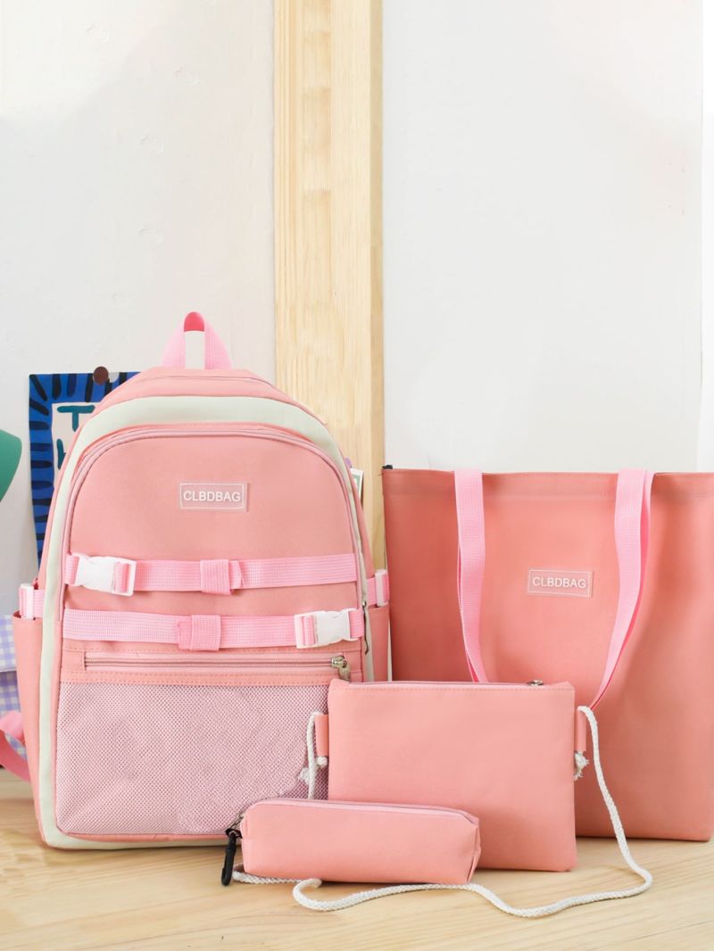 4pcs Release Buckle & Letter Patch Decor Functional Backpack Set