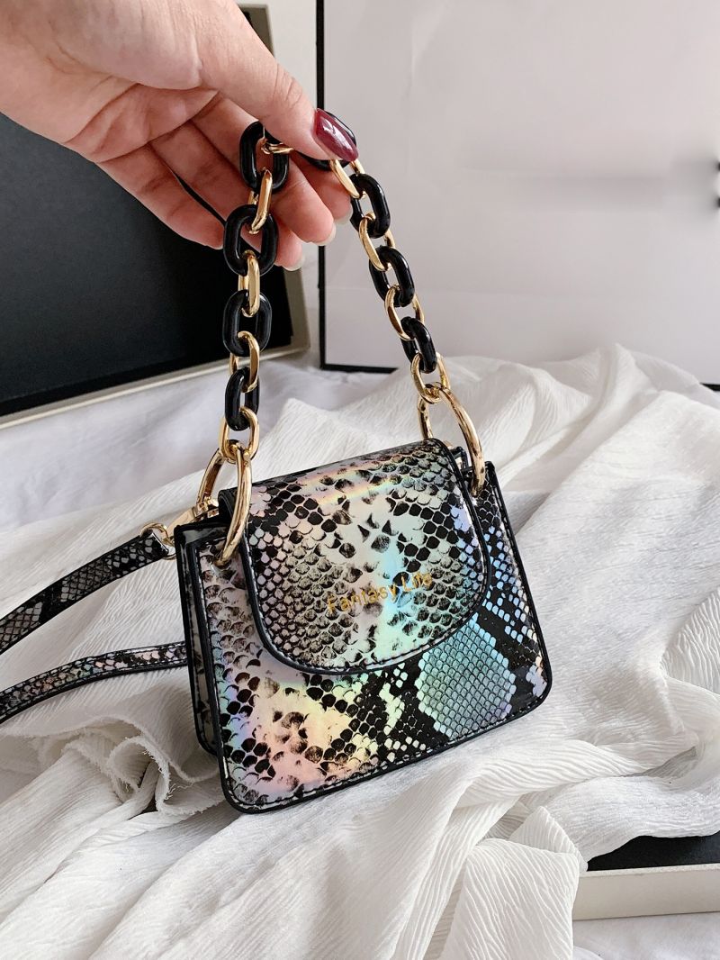Mini Snakeskin Embossed Flap Chain Square Bag