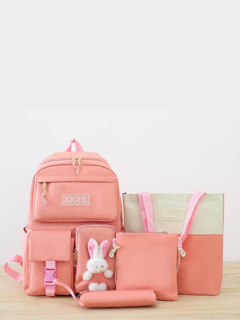 4pcs Cartoon Rabbit & Letter Patch Decor Functional Backpack Set