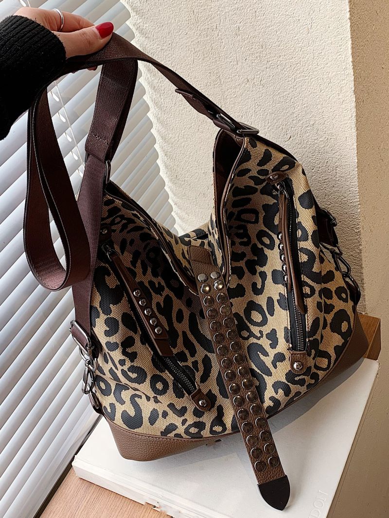 Leopard Pattern Studded Decor Hobo Bag