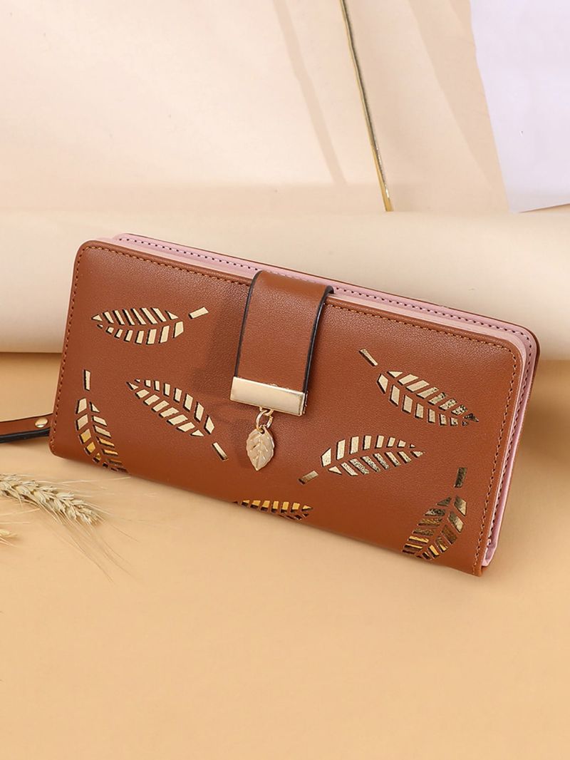 Metal Decor Leaf Graphic Long Wallet Simple Fashion Gold Hollow Wallet, Artificial Leather Modern Coin Purse, Multi Card Holder With Zipper, Mothers Day Gift For Mom