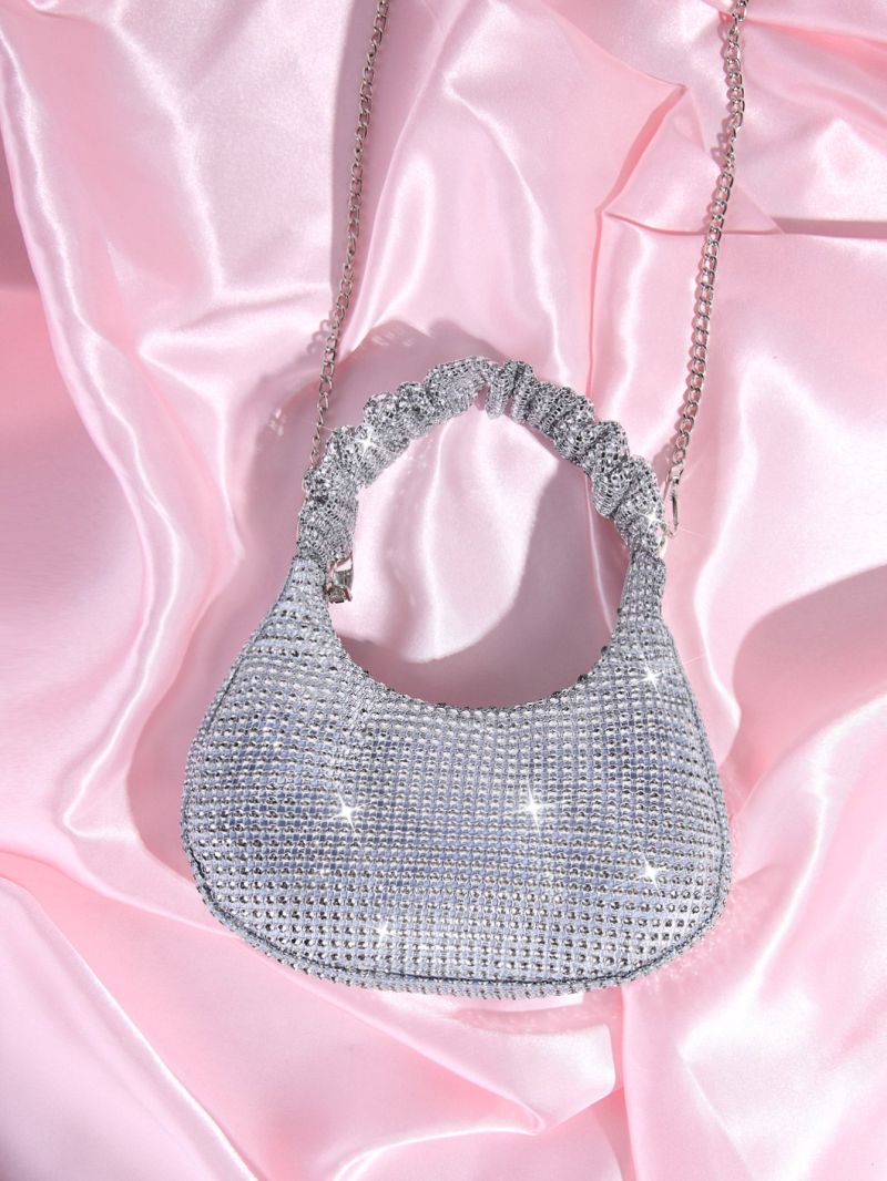 Rhinestone Decor Ruched Top Handle Hobo Bag