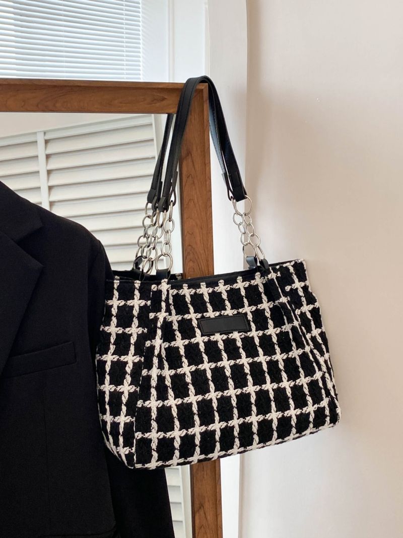 Plaid Pattern Patch Decor Chain Shoulder Tote Bag