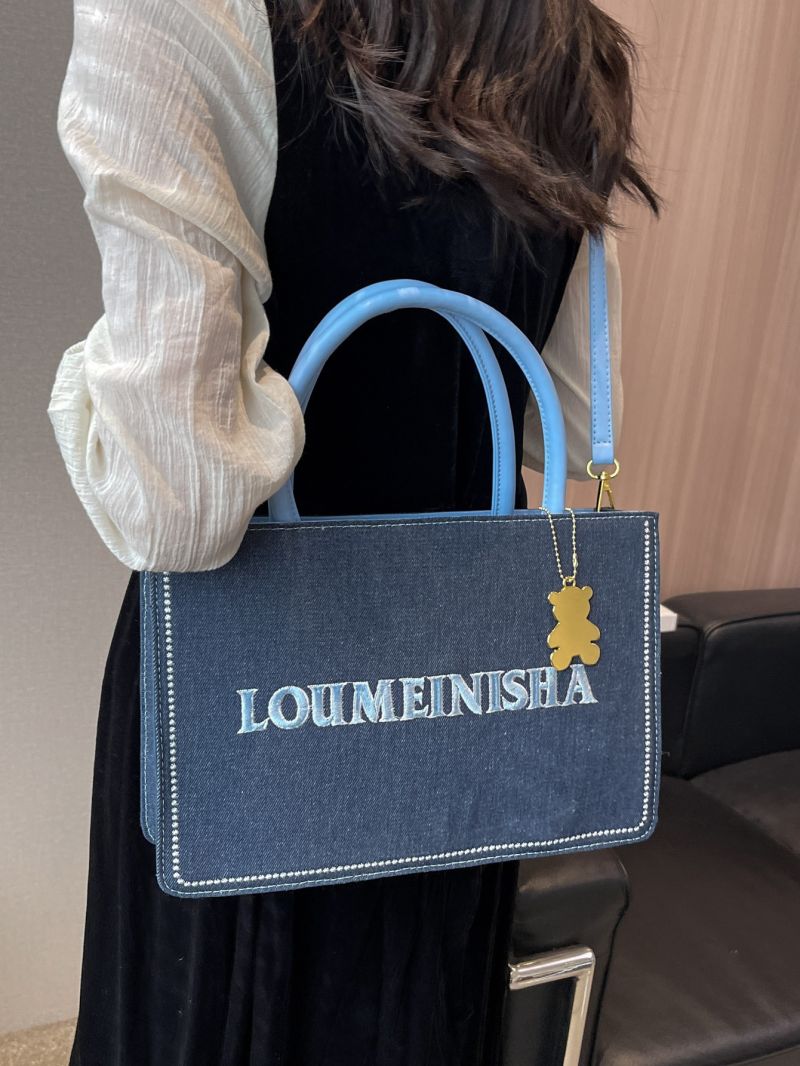 Letter Embroidered Top Handle Bag With Cartoon Charm