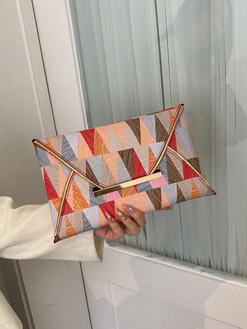Geometric Pattern Clutch Bag, Colorblock Envelope Evening Bag, Women's PU Flap Prom Purse