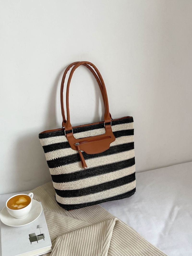 Striped Pattern Double Handle Tote Bag
