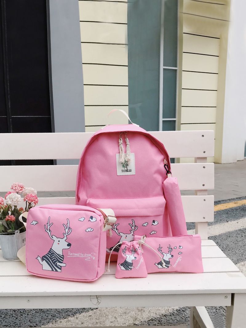 5pcs Cartoon Deer & Letter Graphic Classic Backpack Set