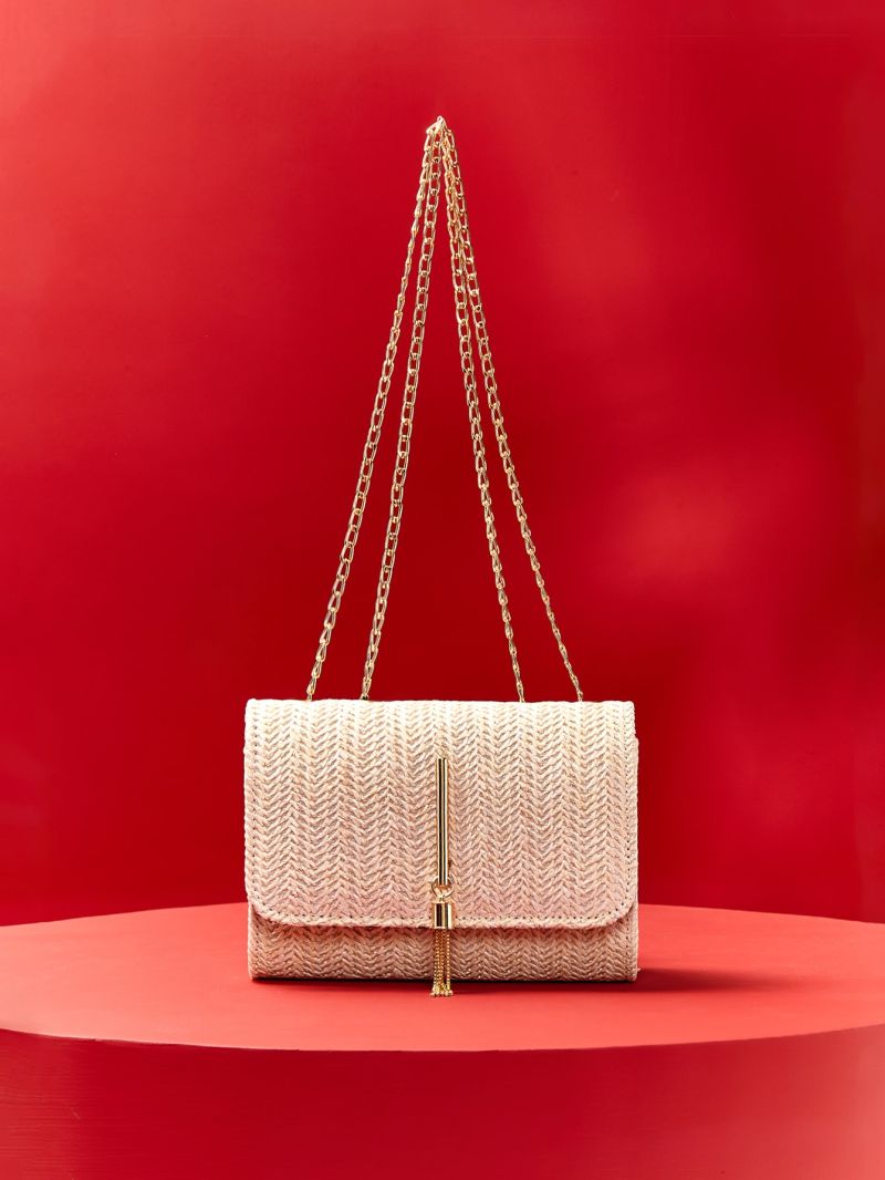 Mini Tassel Decor Flap Chain Straw Bag