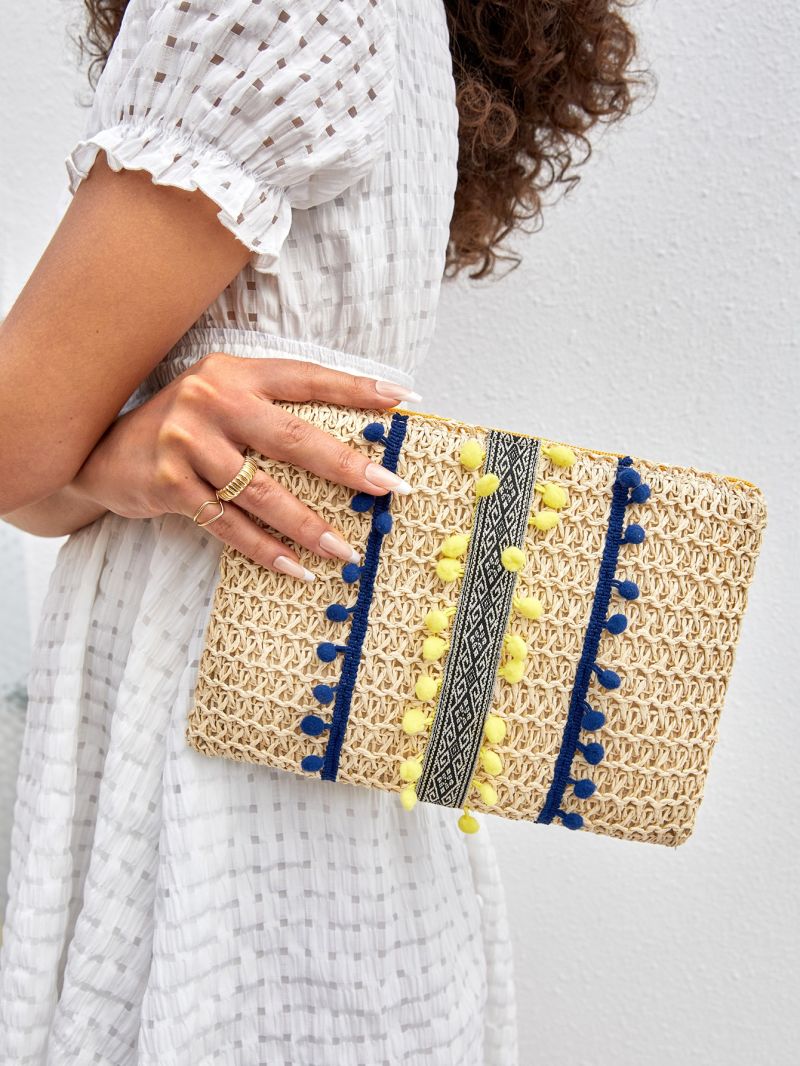 VCAY Pompom Decor Straw Bag