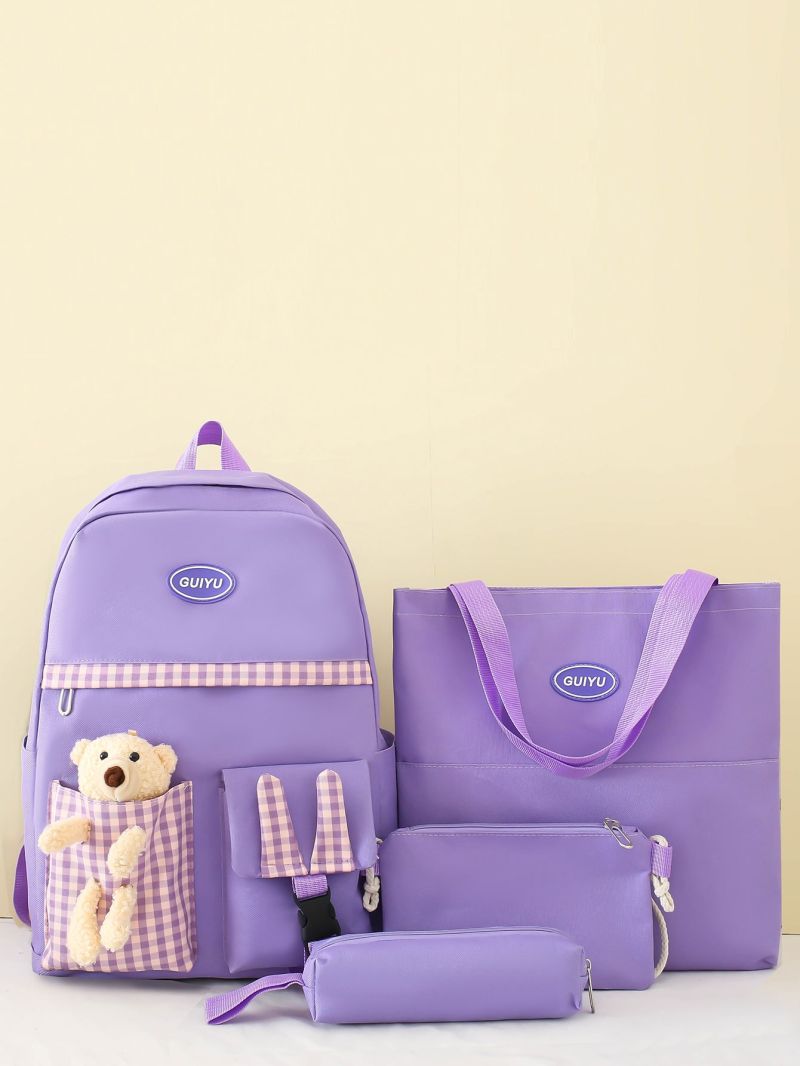 4pcs Plaid Detail Bear Decor Functional Backpack Set