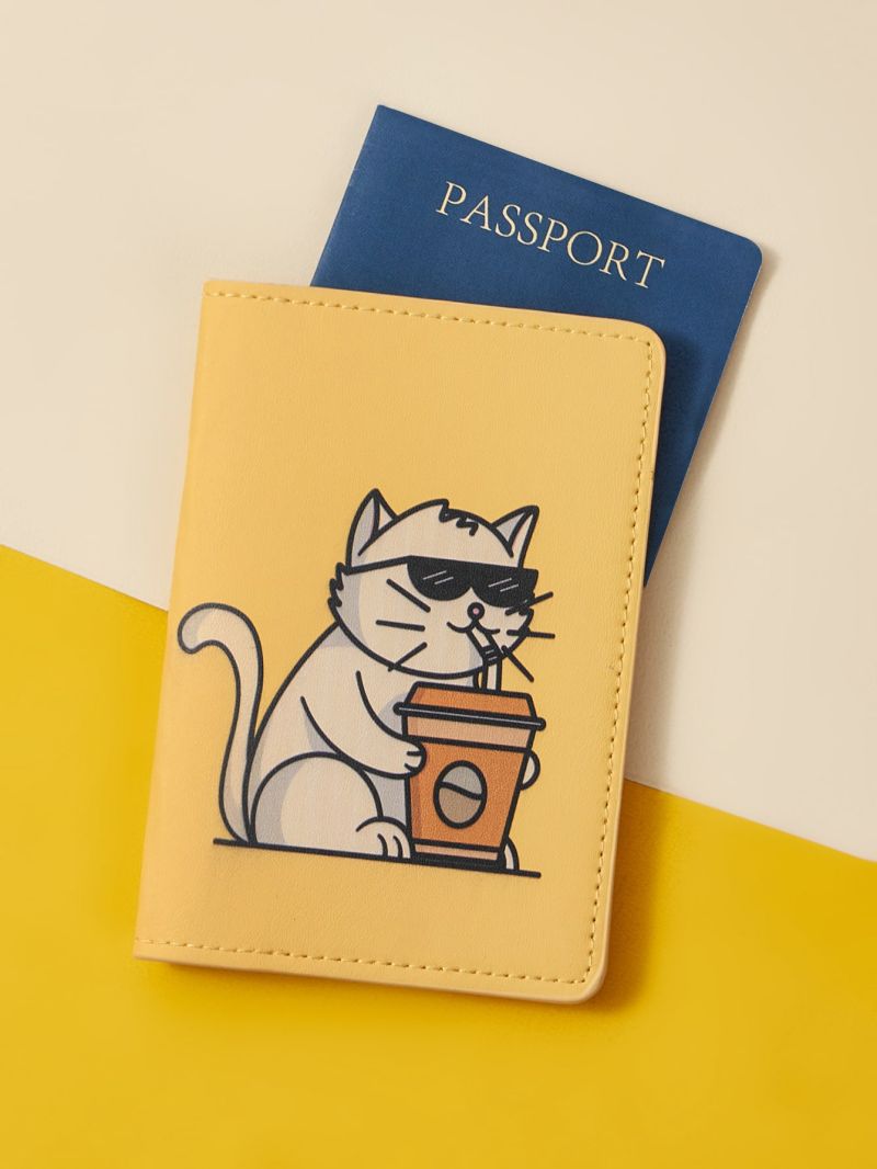 X Dudeline Cartoon Cat Print Passport Case