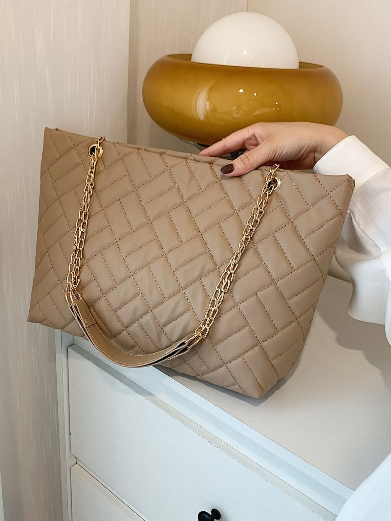 Quilted Detail Tote Bag, Elegant Large Artificial Leather Handbag, Women's Stylish Chain Shoulder Bag