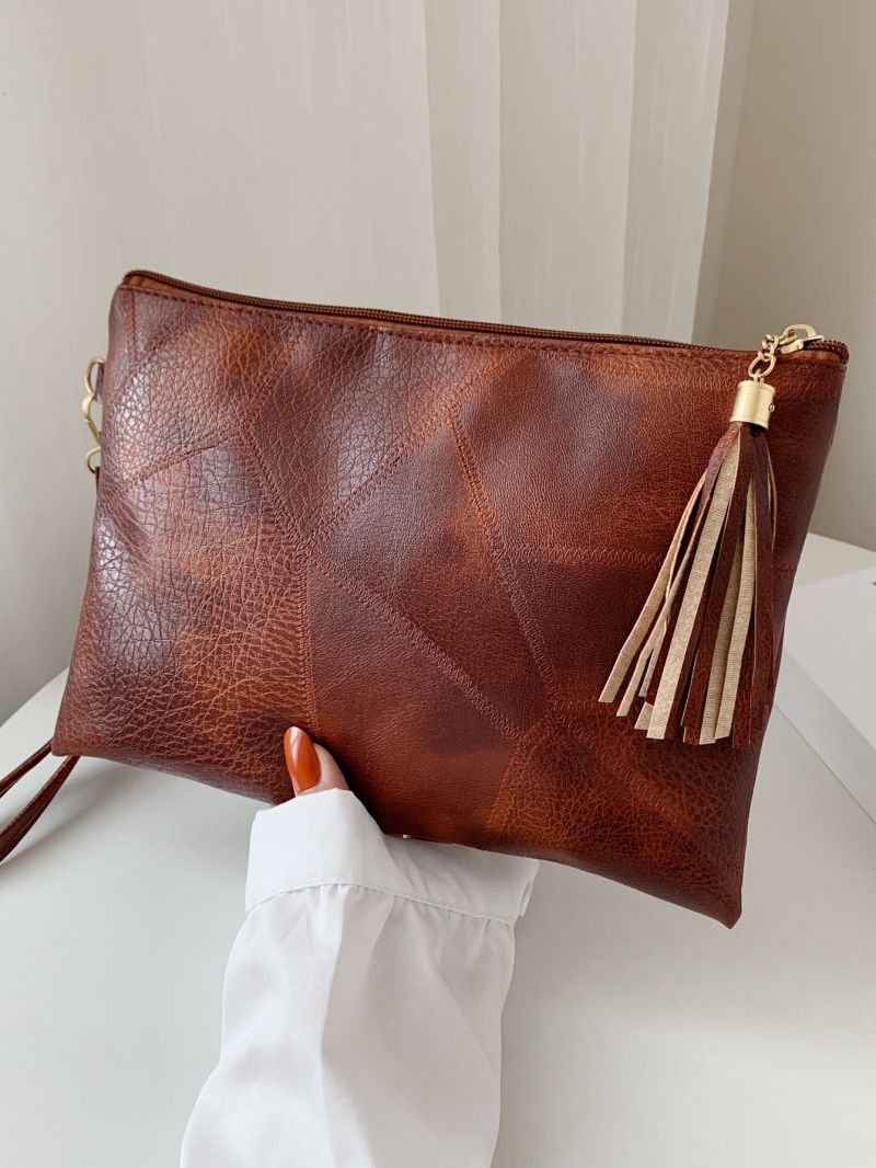 Litchi Embossed Tassel Decor Wristlet Bag