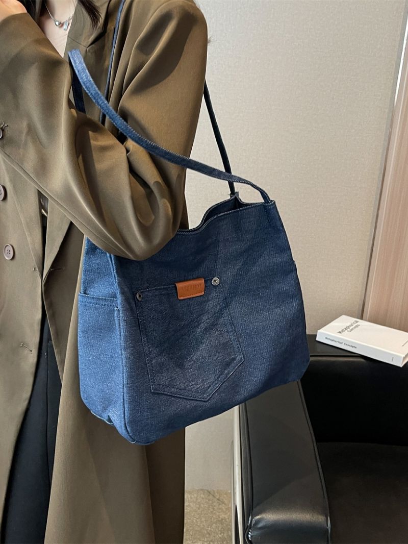 Letter Patch Decor Denim Shopper Bag