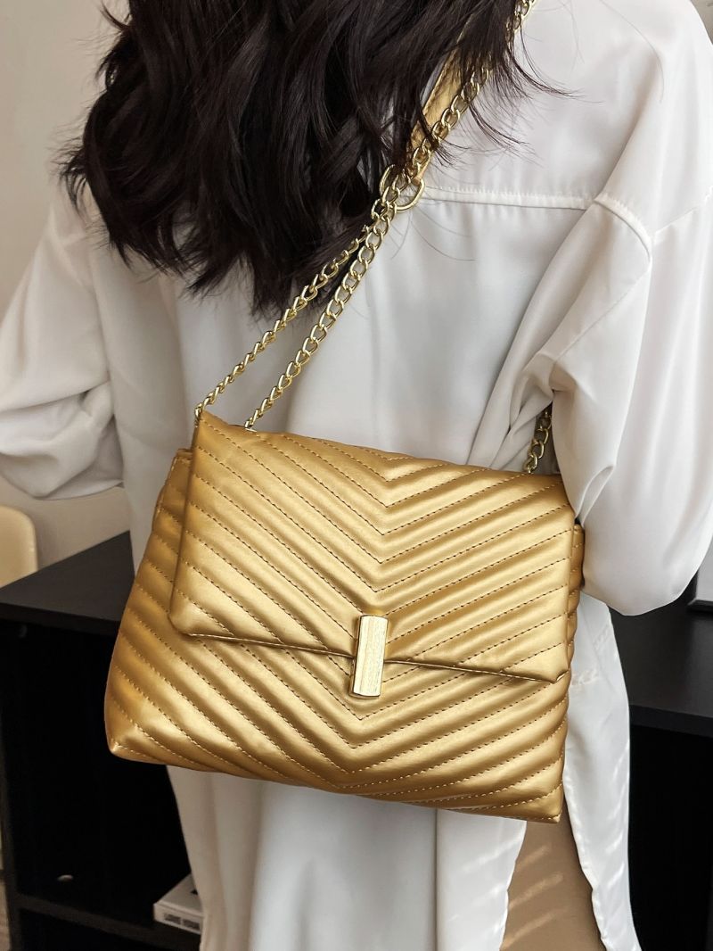 Metallic Chevron Quilted Flap Chain Square Bag