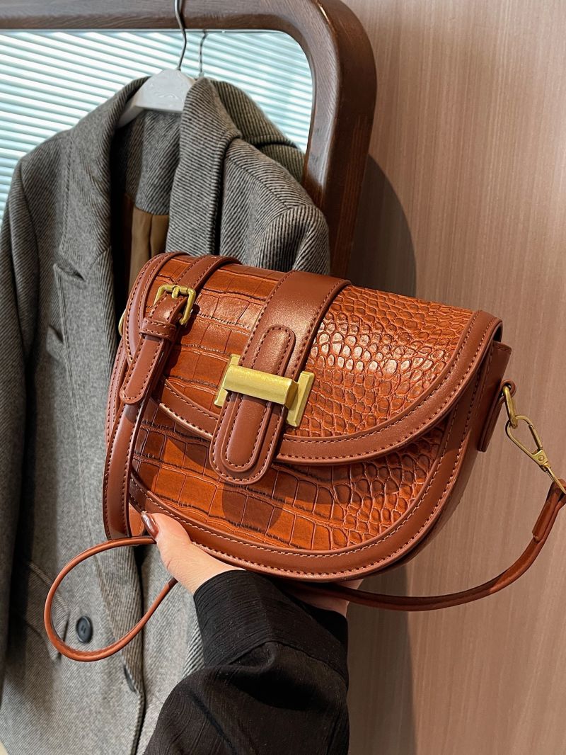Crocodile Embossed Flap Saddle Bag