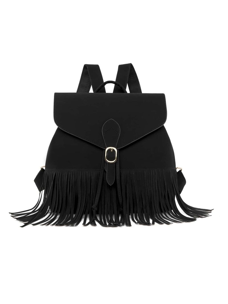 Fringe Trim Buckle Decor Flap Backpack