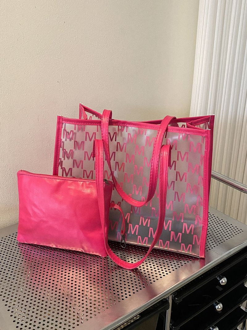 Neon Pink Letter Graphic Shoulder Tote Bag With Inner Pouch