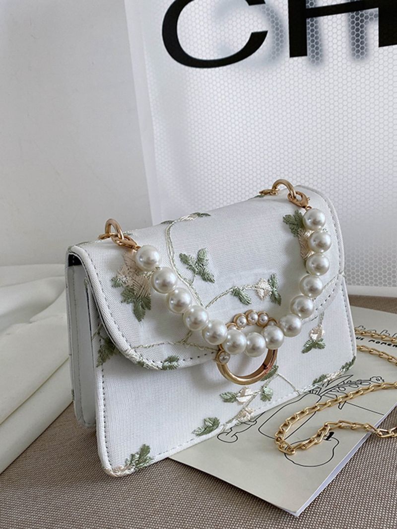 Mini Floral Embroidery Faux Pearl Decor Flap Square Bag