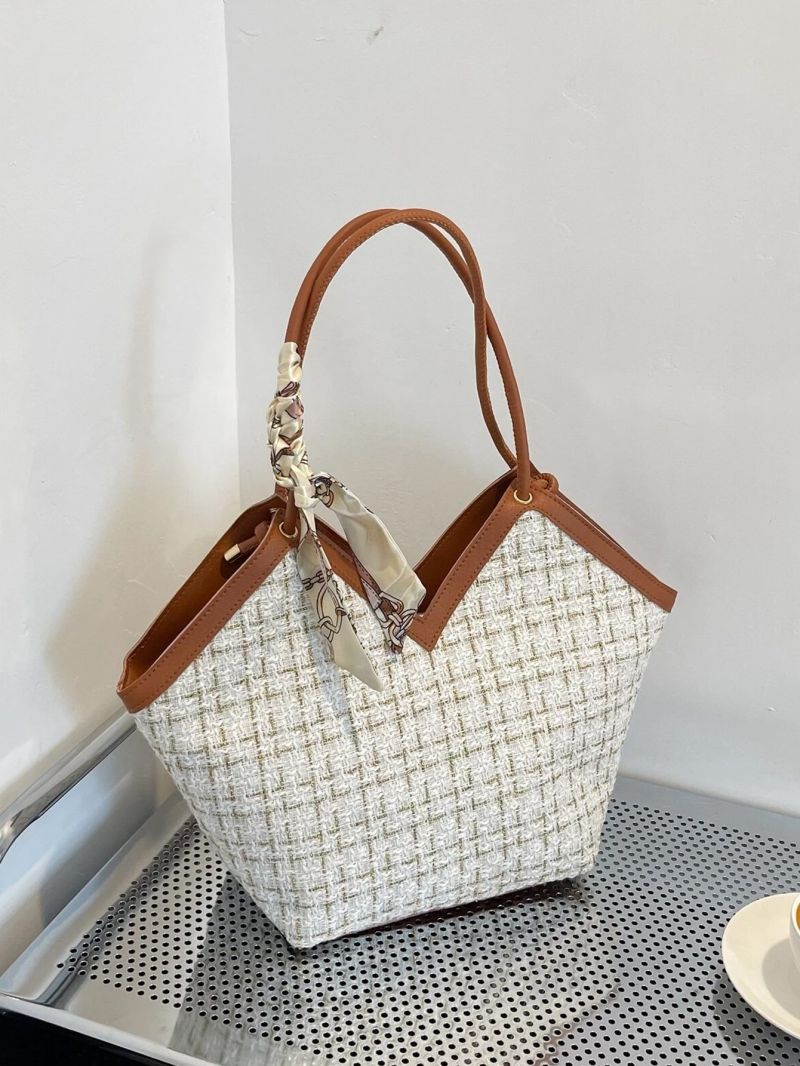 Plaid Pattern Twilly Scarf Decor Shoulder Tote Bag