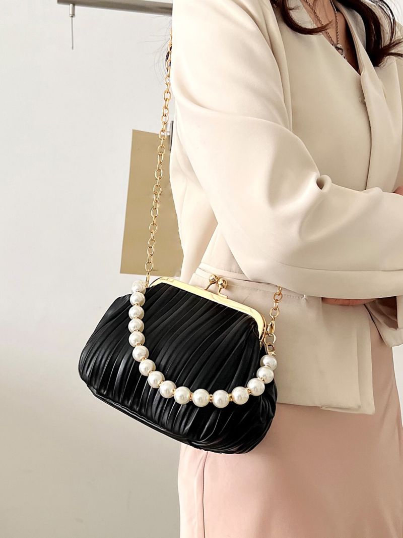 Mini Faux Pearl Decor Kiss Lock Chain Satchel Bag