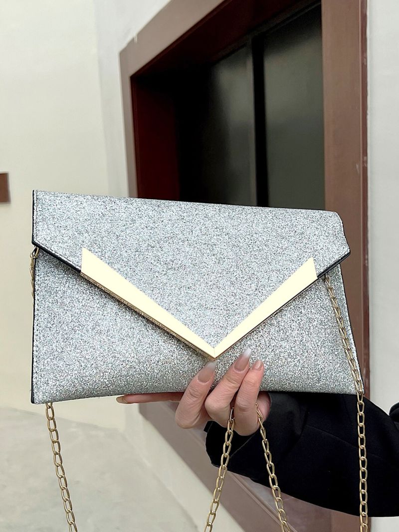 Glitter Metal Decor Flap Square Bag, Perfect Bride Purse For Wedding, Prom & Party Events