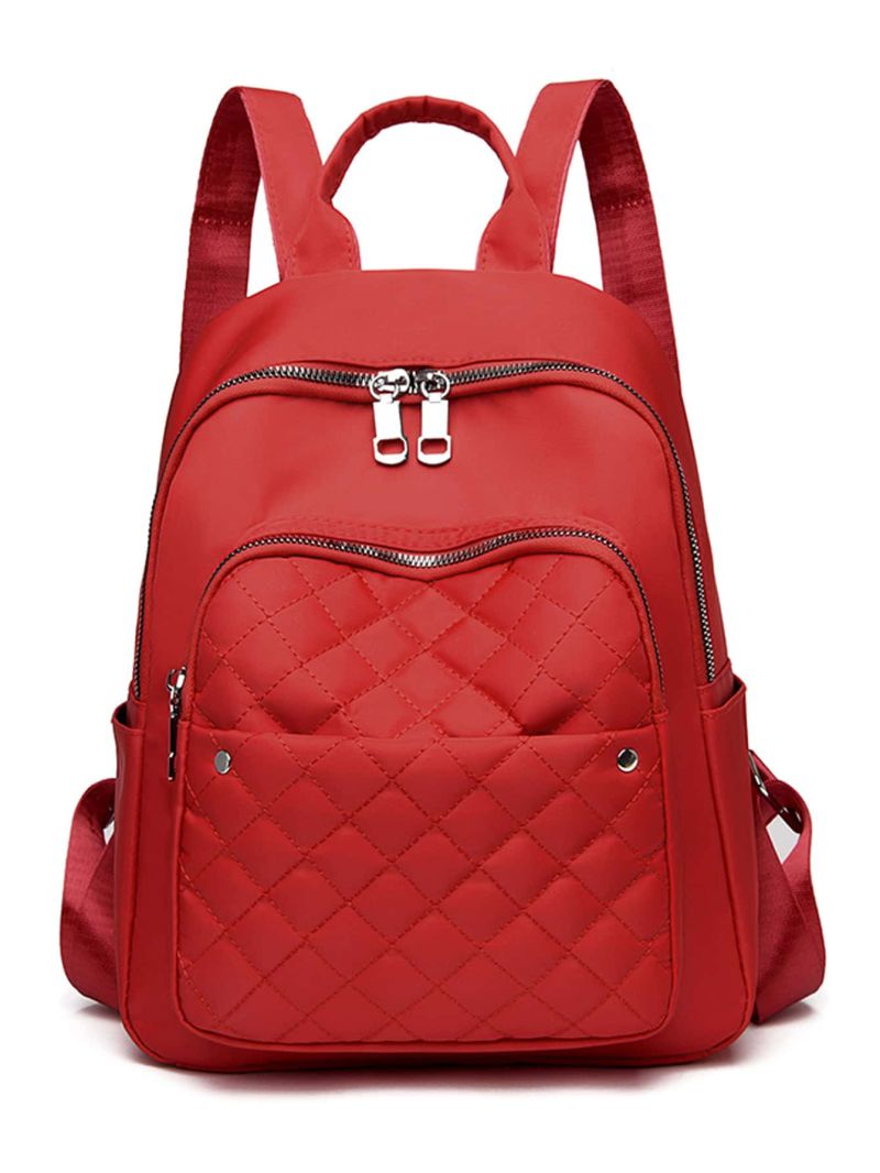 Quilted Pattern Pocket Front Backpack, Argyle Pattern Small Backpack, Women's Fashion Zipper Backpack With Adjustable Strap For Work & School