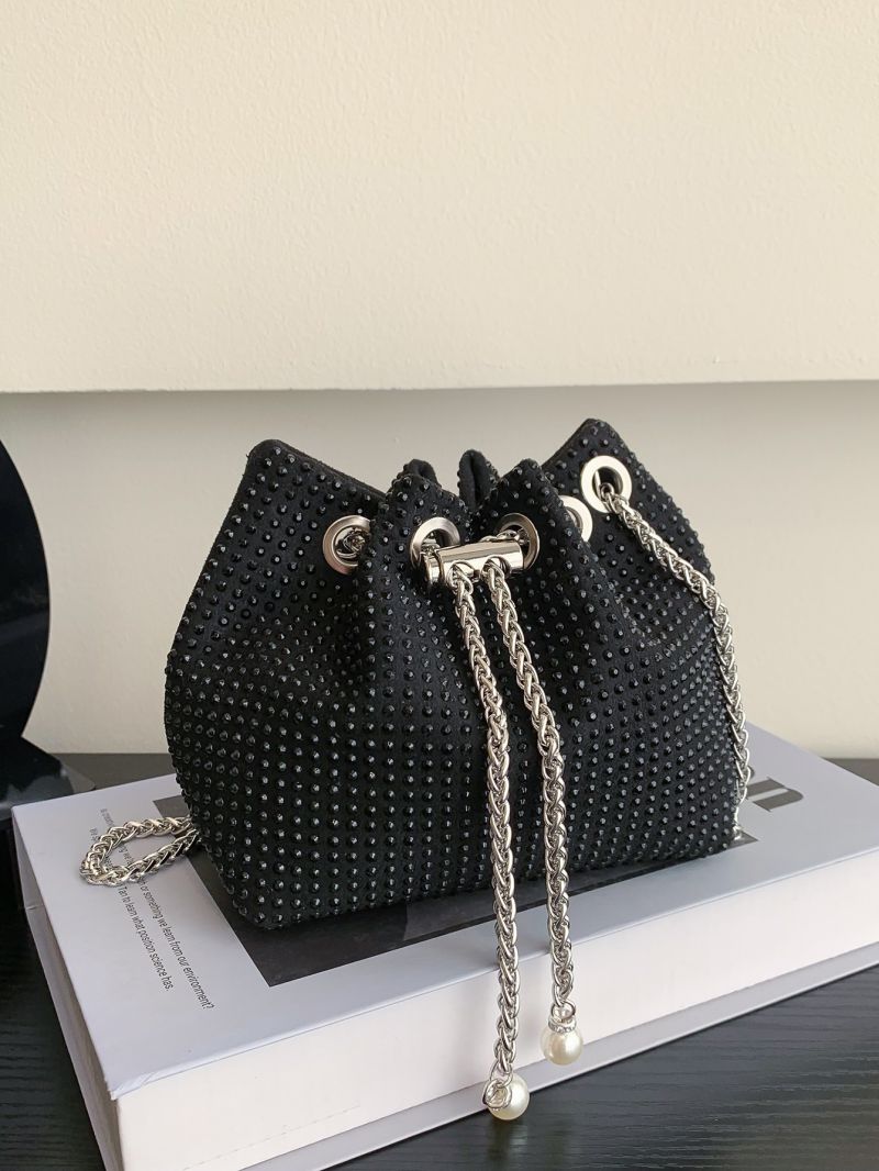 Mini Rhinestone Decor Drawstring Design Chain Glitter Bucket Bag
