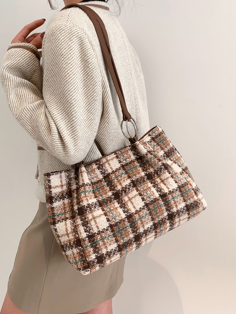 Plaid Pattern Shoulder Tote Bag