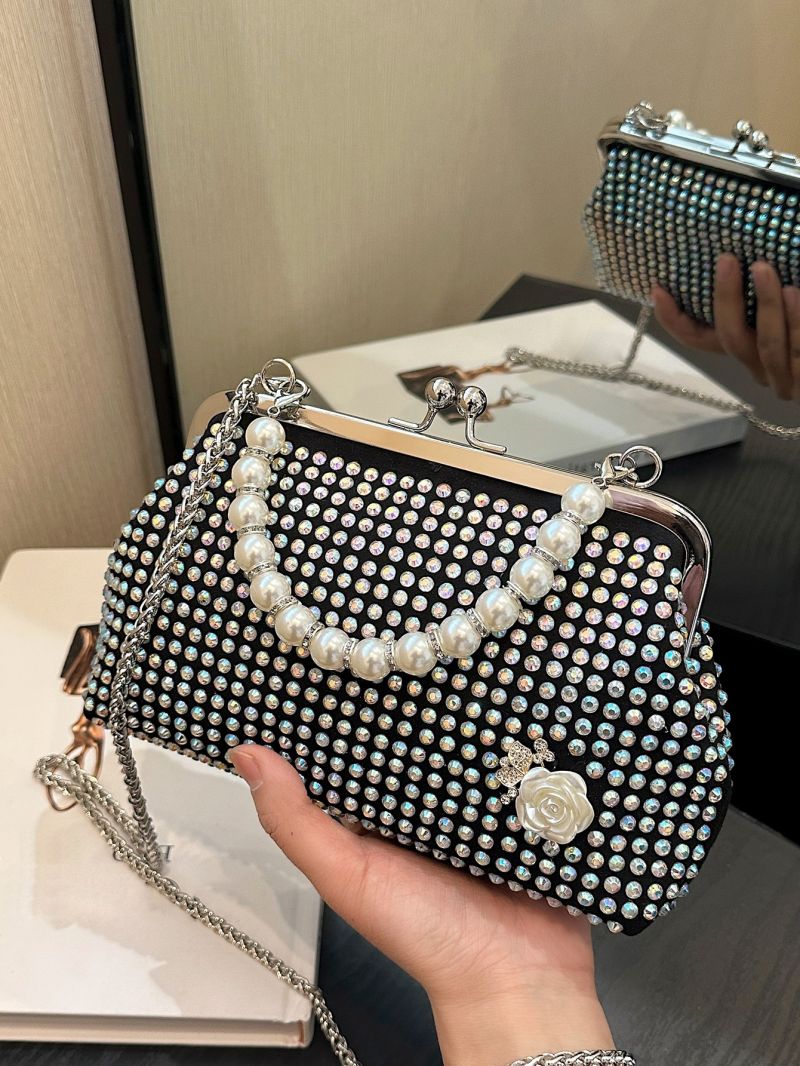 Rhinestone & Faux Pearl Decor Kiss Lock Chain Dome Bag