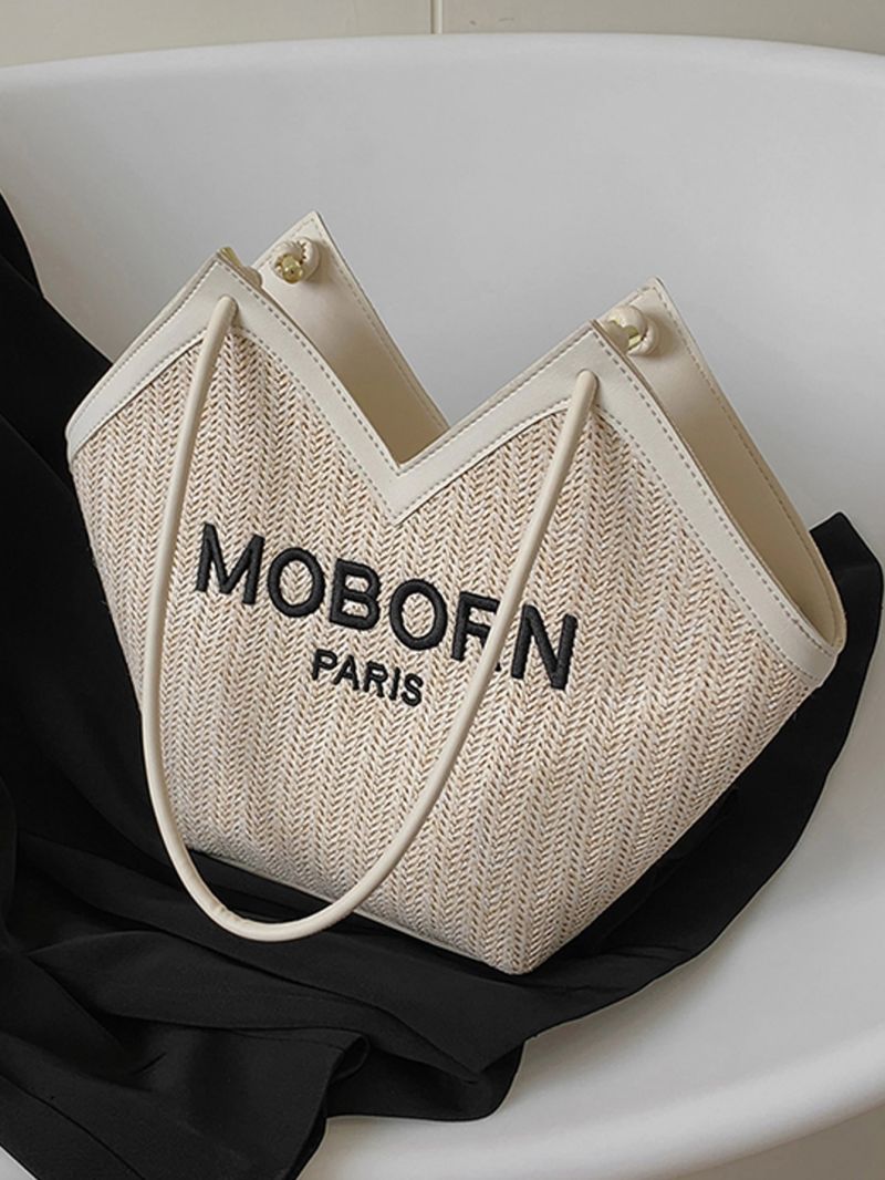Contrast Binding Letter Embroidered Straw Bag