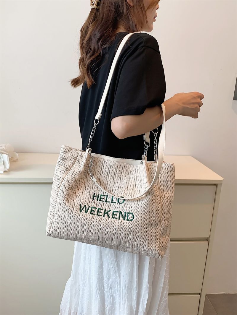 Letter Embroidered Chain Straw Bag