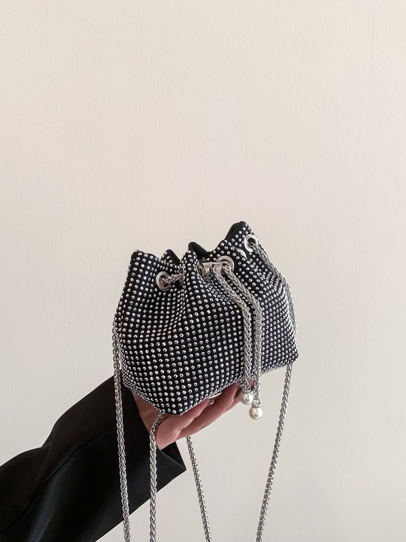 Mini Rhinestone & Faux Pearl Decor Drawstring Chain Bucket Bag