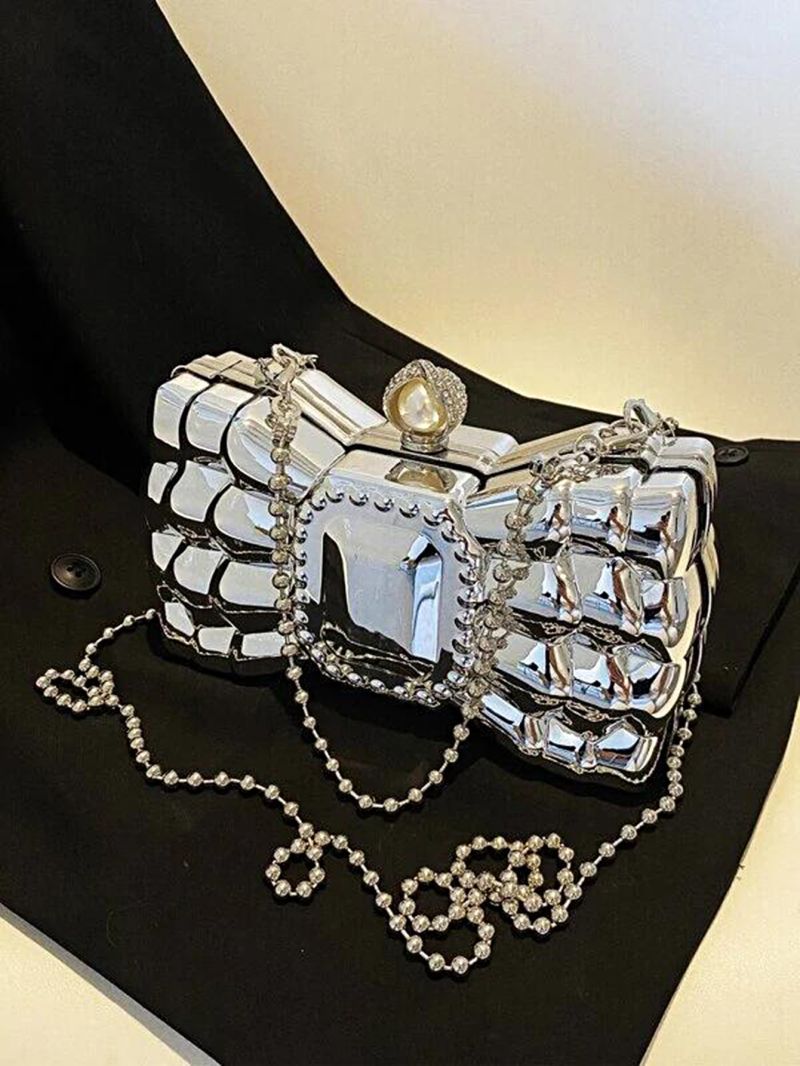Mini Faux Pearl & Rhinestone Decor Bow Design Chain Box Bag, Clear Bag