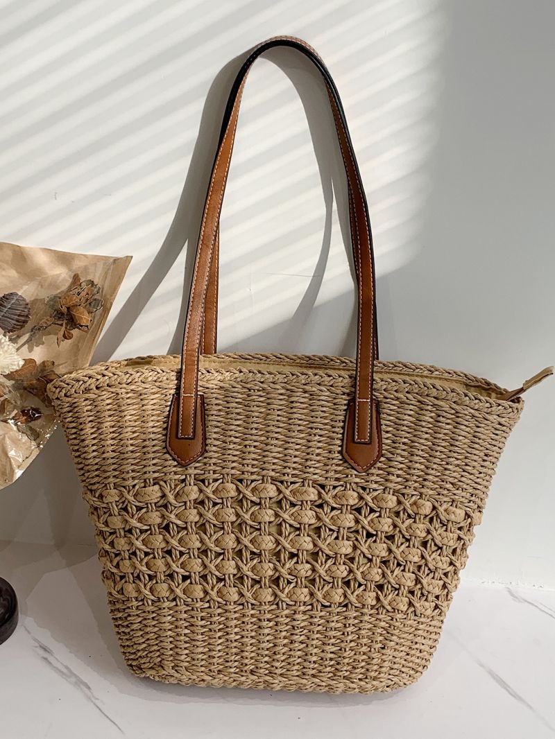 Minimalist Straw Bag Simple Straw Tote Bag, Large Capacity Shoulder Bag For Travel, Stylish Bag For Outdoor