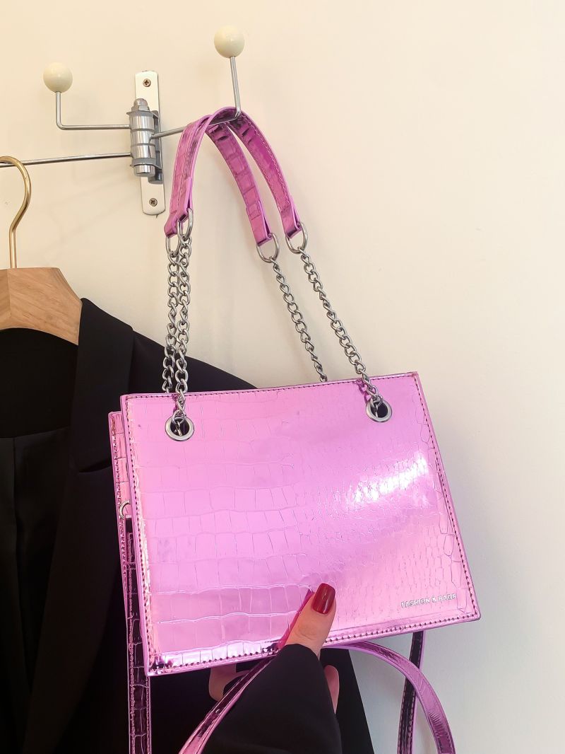 Metallic Crocodile Embossed Chain Square Bag