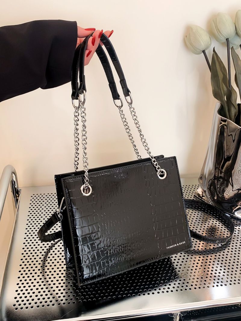 Metallic Crocodile Embossed Chain Square Bag