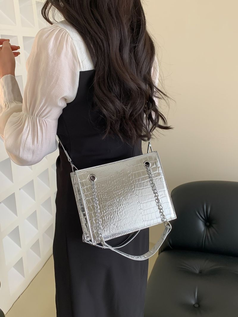 Metallic Crocodile Embossed Chain Square Bag