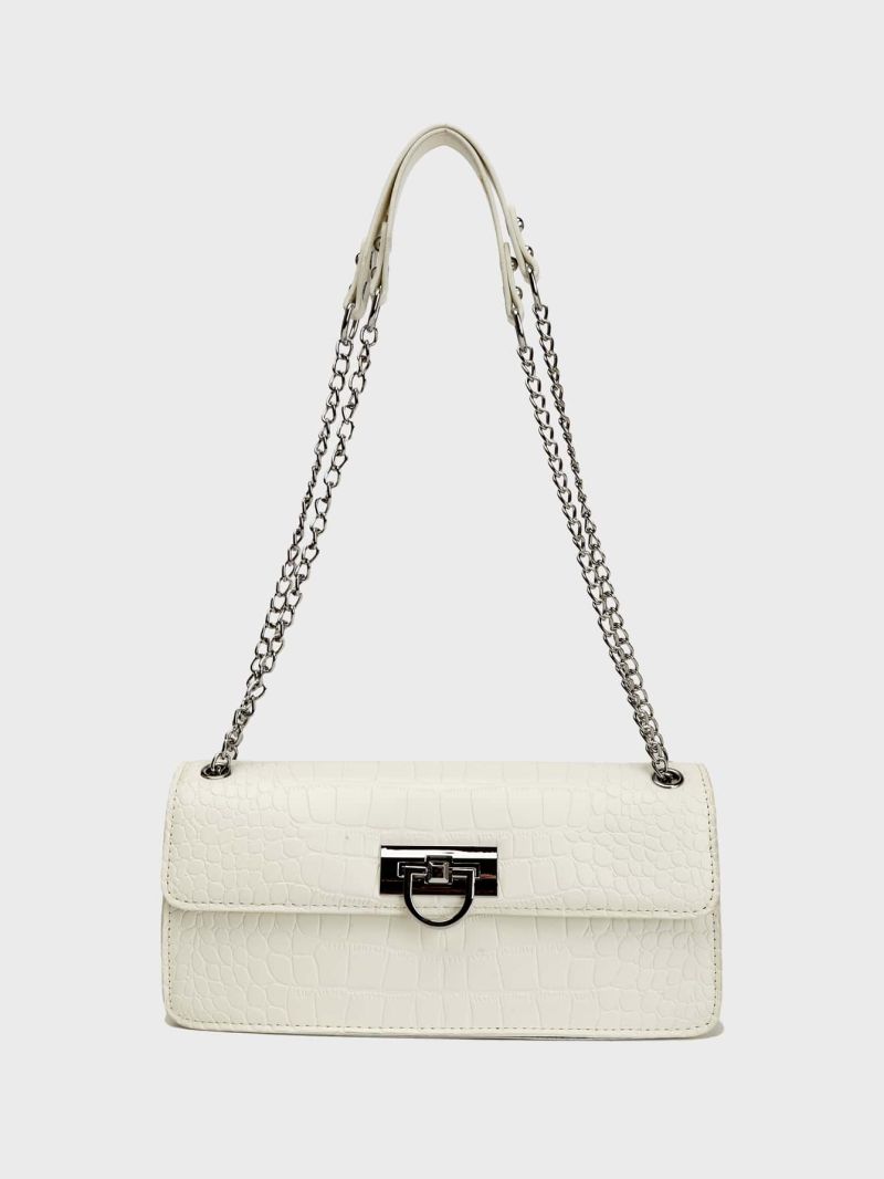 Crocodile Embossed Chain Flap Baguette Bag