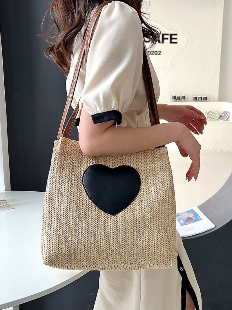 Heart Decor Straw Bag
