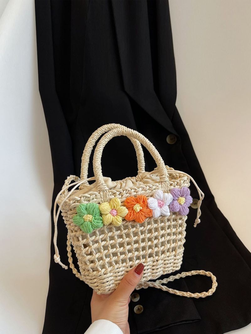 Mini Flower Decor Drawstring Design Straw Bag