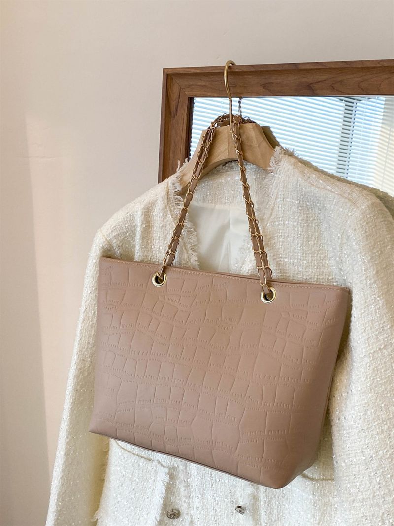 Crocodile Embossed Chain Shoulder Tote Bag
