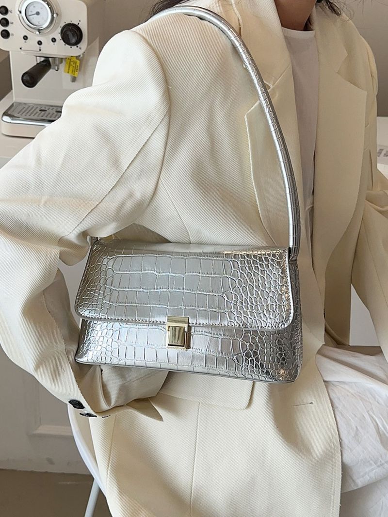 Metallic Crocodile Embossed Baguette Bag