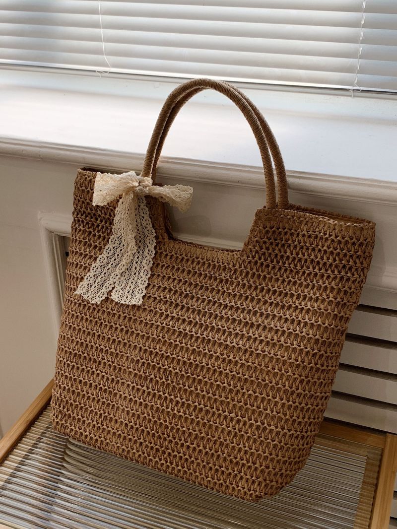 Women's Simple Straw Bag, Stylish Handbag For Travel, Large Tote Bag For Outdoor Twilly Scarf Decor Straw Bag