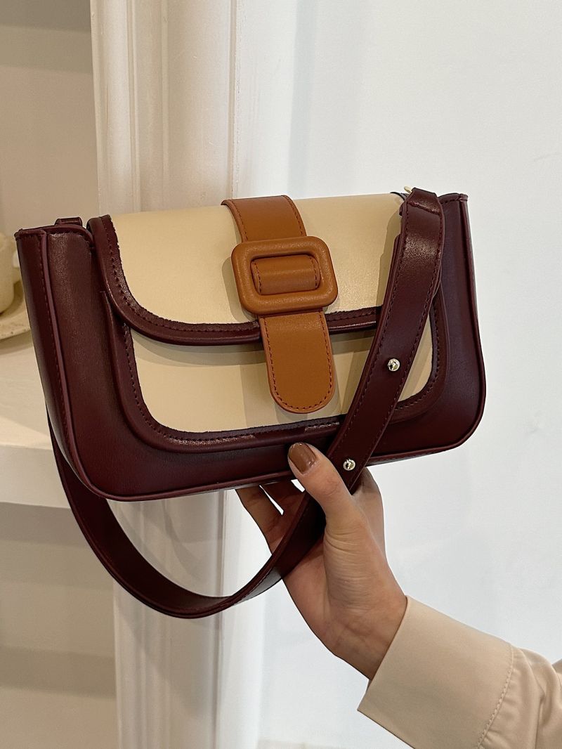 Color Block Buckle Decor Flap Square Bag