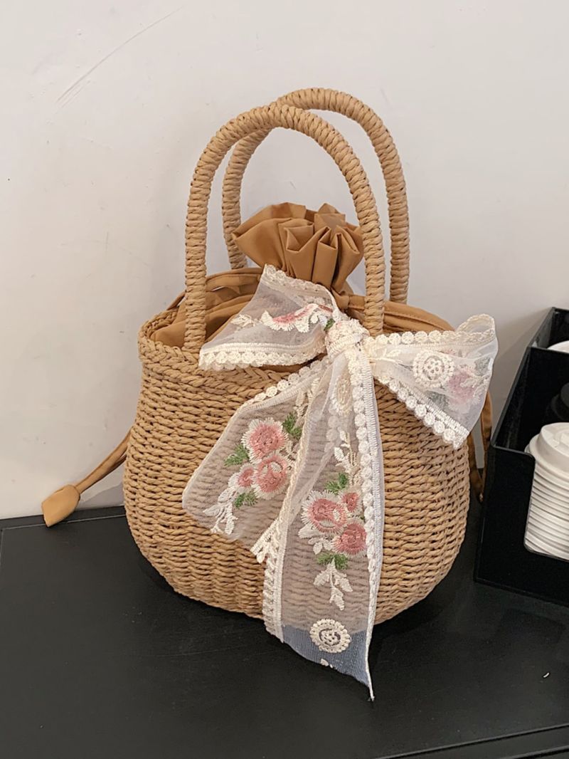 Twilly Scarf Decor Drawstring Straw Bag